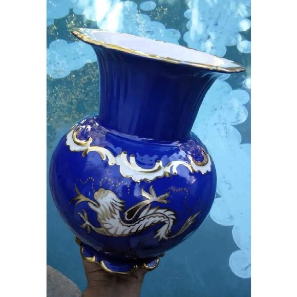 Cobalt Blue Gold Gilded Porcelain Vase W/Hand Painted Dragons RW Rudolf Wachter - Picture 7 of 11